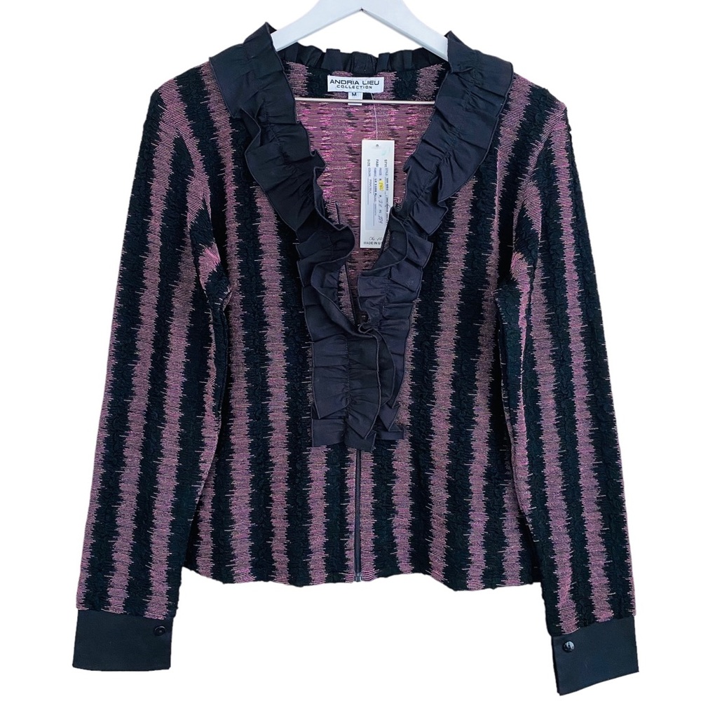 Andria Lieu NWT Black & Pink Stretch‎ Ruffle Zipper Front Closure Blouse Medium